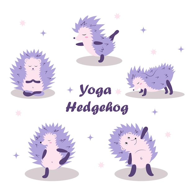 Impostare la meditazione di hedgehog gli animali della foresta meditano yoga animale illustrazione di cartone animato carino piatto vettoriale