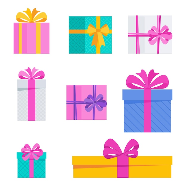Set heldere leuke vakantie geschenkdozen. Element voor kaarten voor verjaardag, nieuwjaar en Kerstmis, jubileum. Aangename verrassing, vreugde en feestelijke stemming. Platte vectorillustratie.