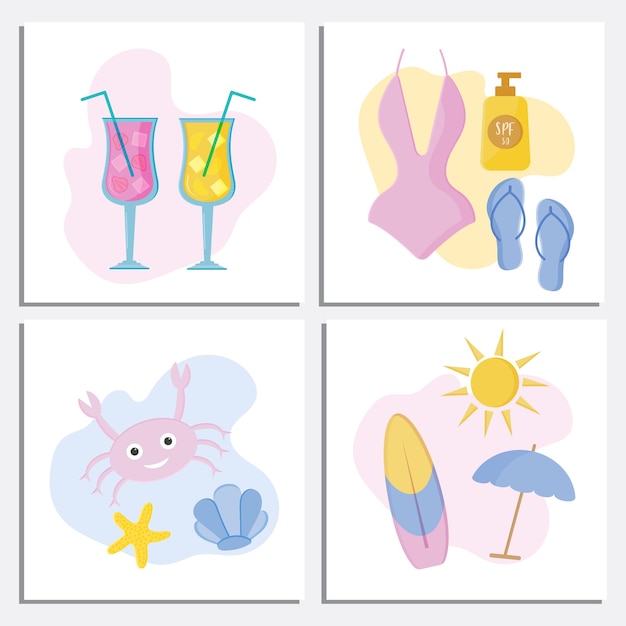 Set di carte e poster di modelli di ciao estate con elementi di spiaggia di mare cocktail gelato