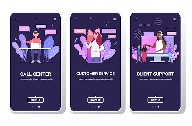 Impostare operatori di helpline con l'auricolare supporto tecnico clienti servizio clienti call center concetto telefono schermate raccolta mobile app ritratto copia spazio orizzontale