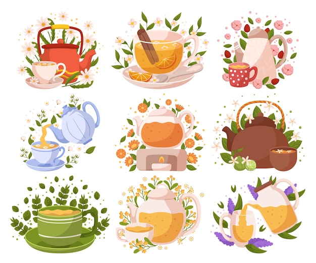 Vector set of herbal tea contains various natural blends and flavors ideal for relaxation and wellbeing vector illustration