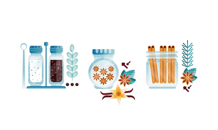 Vector set of herbs and spices glass jars anise vanilla pepper salt cinnamon vector illustration