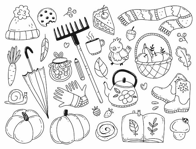 Set herfst elementen in eenvoudige doodle stijl illustratie geïsoleerd op achtergrond gezellige herfst