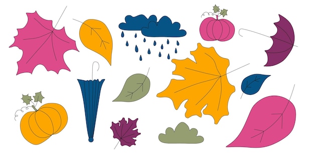 Set herfst elementen Weer seizoensgebonden Vecor collectie voor ontwerp Hand tekenen kunst met bladeren