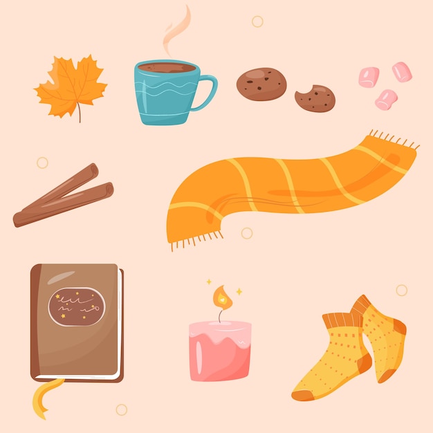 Set herfst gezellig ding in platte cartoonstijl. Kop warme drank, koekjes, marshmallow, kaneel, esdoornblad, aromakaars, warme sjaal en sokken, boek. Stickers voor de herfst.