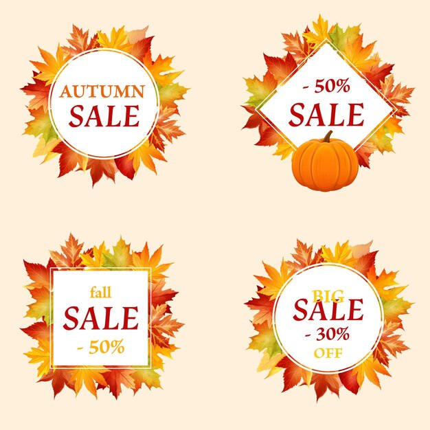 Vector set herfst herfst seizoen abstracte composities met bladeren. sale korting speciale aanbiedingen tekst en