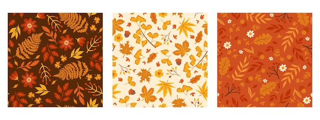 Set herfst naadloze patronen met bladeren, bessen bloemen Vector graphics