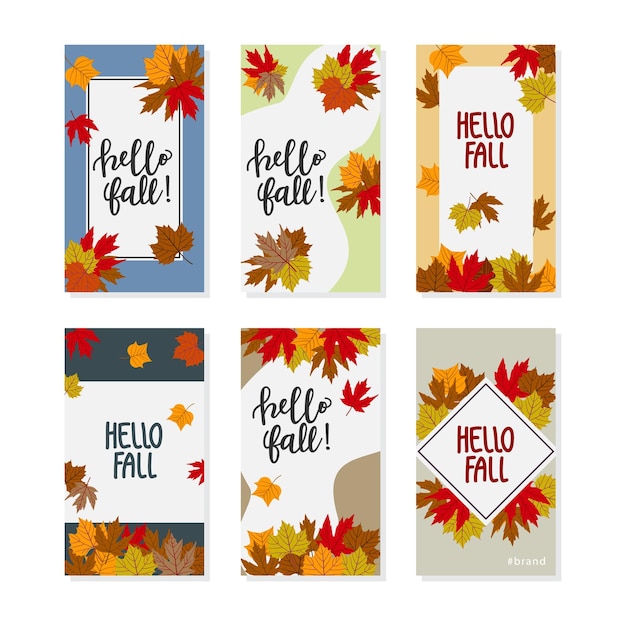 Set herfst sociale media verhalen kleurrijke herfst banners met gevallen bladeren en vergeelde bladeren achtergronden collectie sjabloon voor evenement uitnodiging product catalogus reclame vector eps 10