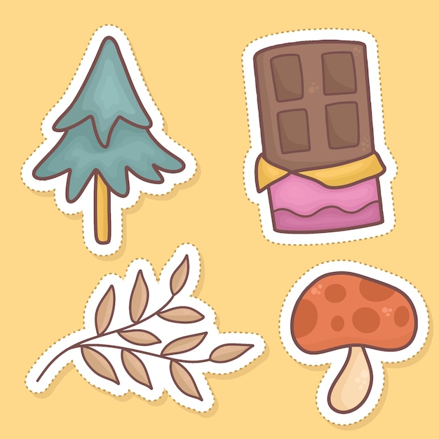 Set herfst stickers clipart dennenboom chocolade bladeren paddestoel