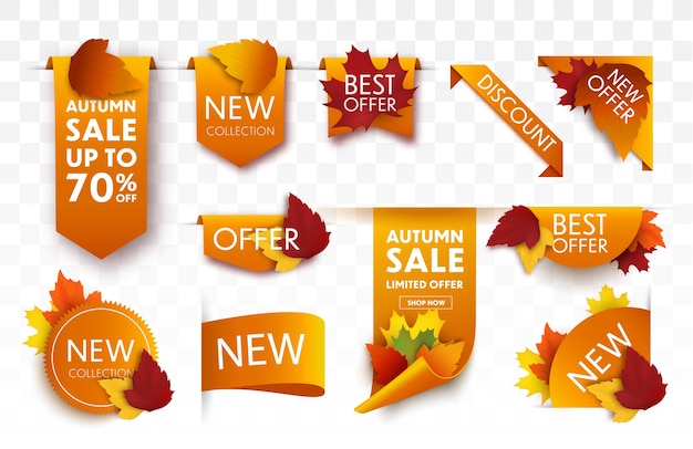 Set herfst verkoop tags met herfstbladeren. verkoop banners.