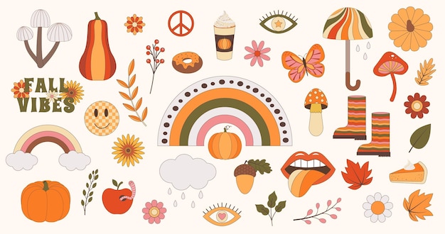 Set herfst vibe retro groovy elementen 70s80s stijl Daisy bloemen paddestoel vredesteken lippen regenboog pompoenen herfstbladeren hippie stijlelementen Fall vibes decoratieve vector platte symbolen