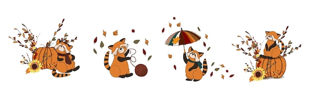 set herfstpictogrammen Herfstsamenstelling Stickers Leuke rode panda Pumpkin Harvest