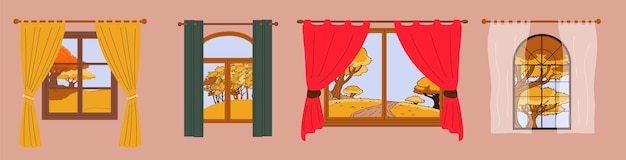 Set herfstramen Raam met uitzicht op de herfst Herfstseizoen Hygge-concept Gezellige herfstdagen