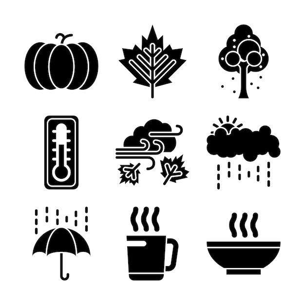 Set herfstseizoen Glyph-elementen en pictogrammenpakket