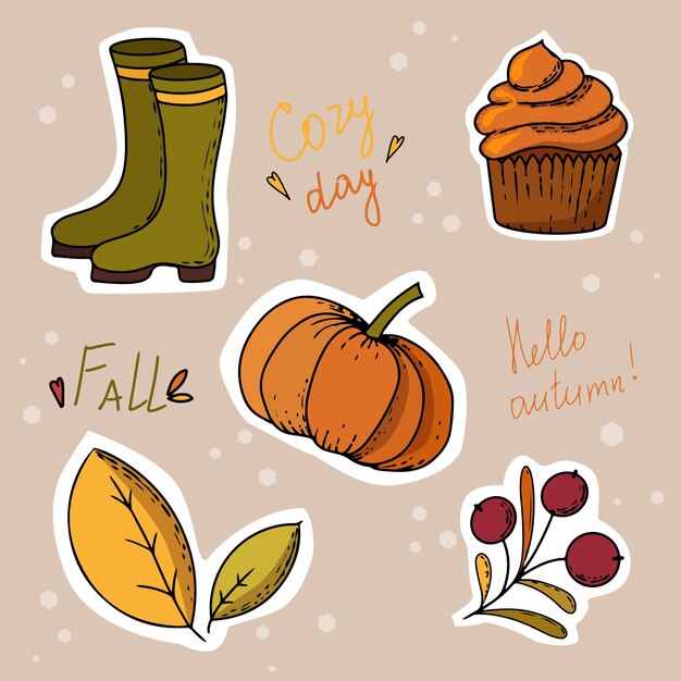 Vector set herfststickers pompoen cupcake pompoen rubberen laarzen laat bessen op een tak en herfstletters