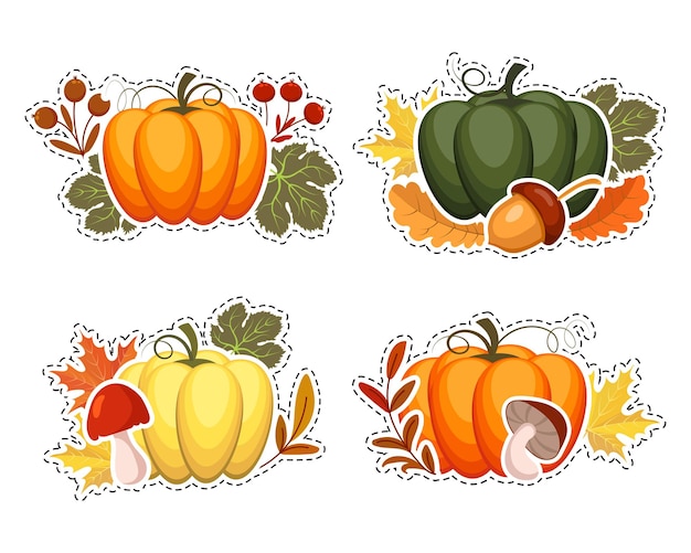 Set herfststickers, pompoenen met paddenstoelen, eikels met herfstbladeren en lijsterbes. Illustratie,