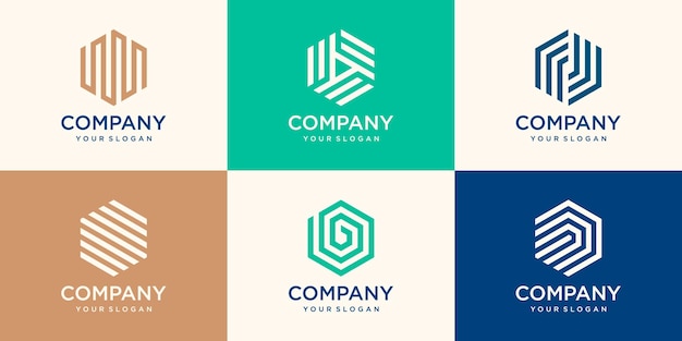 Set of Hexagon logo design with stripe concept, hexagon logo template