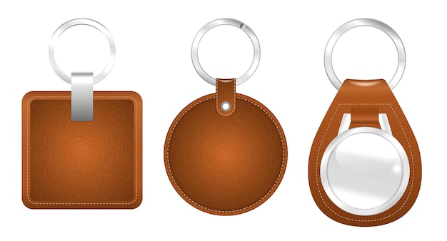 Vector set of high detailed and realistic leather key chain isolated.