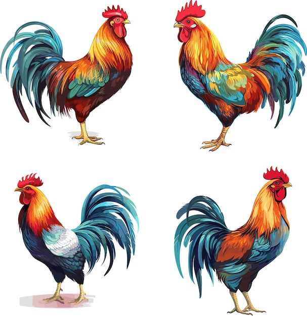 Set of high detailed realistic vector cocks roosters isolated on white background vector illustration