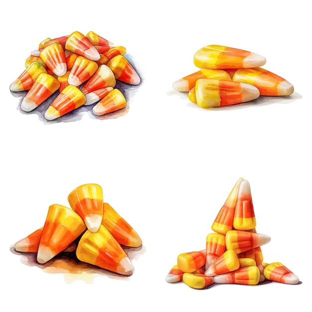 AI ベクトル図で作られたトウモロコシ キャンディ ハロウィーン イベントの高詳細な水彩要素のセット