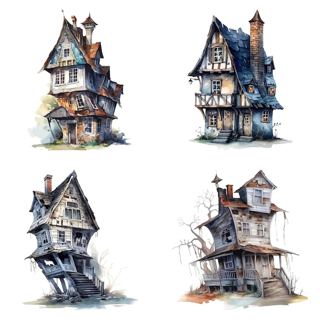Set of a High Detailed Watercolor Element of Crooked House Halloween event Made with AI Vector Illustration