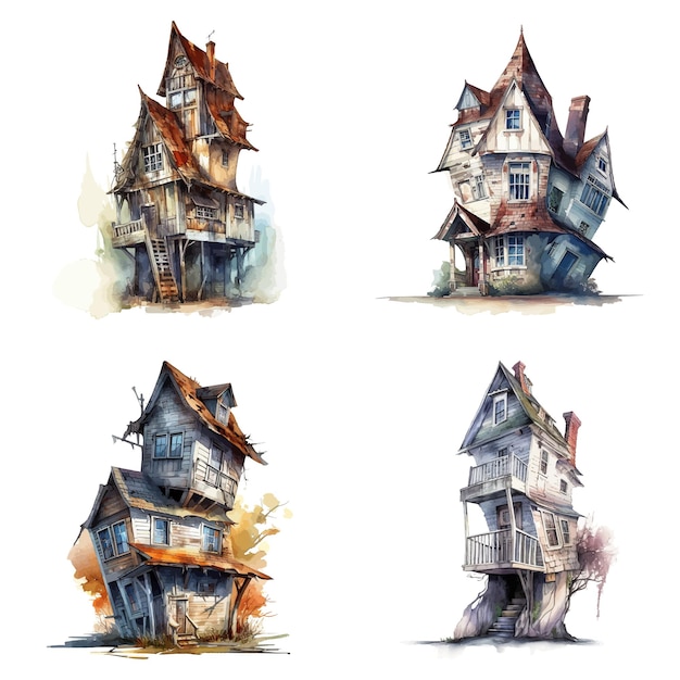 Set di un elemento acquerello altamente dettagliato dell'evento crooked house halloween realizzato con ai vector illustration