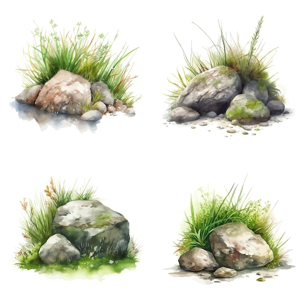 Set of a High Detailed Watercolor Element of Rock and Grass Made with AI Vector Illustration