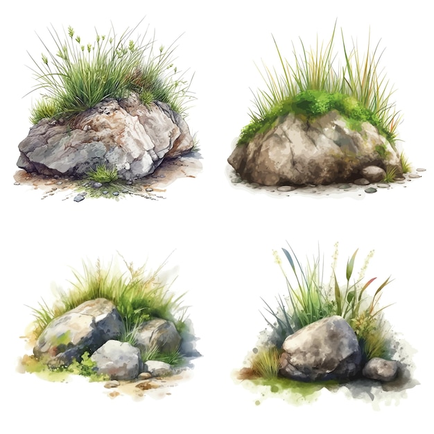 Set of a High Detailed Watercolor Element of Rock and Grass Made with AI Vector Illustration