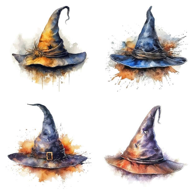 Set di un elemento acquerello altamente dettagliato dell'evento halloween witch hat realizzato con ai vector illustration
