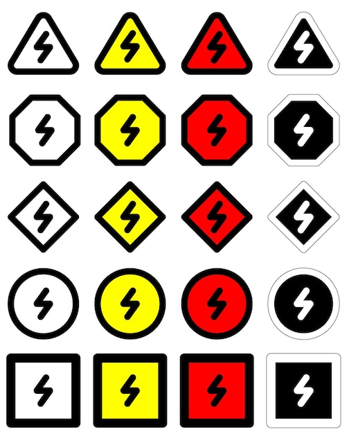 set high volt danger sign of various shapes electrical alert hazard warning icon flat isolated