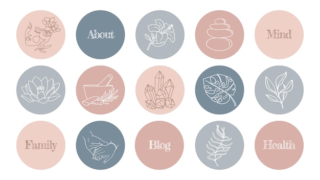 Набор ярких натуральных оттенков простых синих и бежевых иконок для блога о косметике, медицине и психическом здоровье