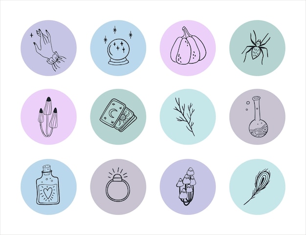 Set di icone di storie in evidenza per i social media composizione vettoriale rotonda con fiori e alchimia