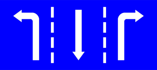 Set highway blue traffic sign three line road opposite direction turn left and right white arrow