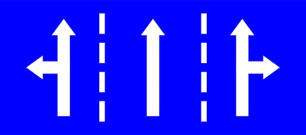 Vector set highway blue traffic sign three line road straight direction right or left turn primited arrow