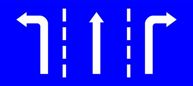 Set highway blue traffic sign three line road straight direction turn left and right white arrow