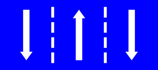 Vector set highway blue traffic sign three line road straight middle two opposite direction white arrow