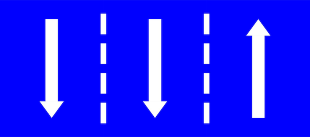 Vector set highway blue traffic sign three line road straight two opposite direction white arrow