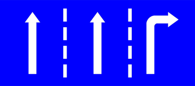 Set highway blue traffic sign three line road two straight and turn right direction white arrow