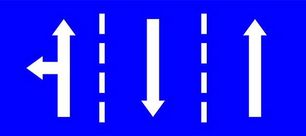高速道路の青い交通標識を設定し3つの道路を直線に反対方向にまたは左に曲がりプリミテッド・アローを設定します