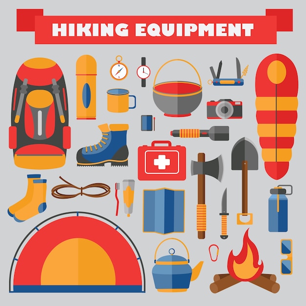 set of hiking and camping equipment. tourism icons. 