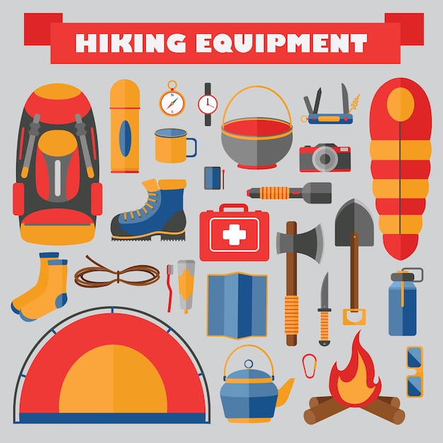 Vector set of hiking and camping equipment. tourism icons.