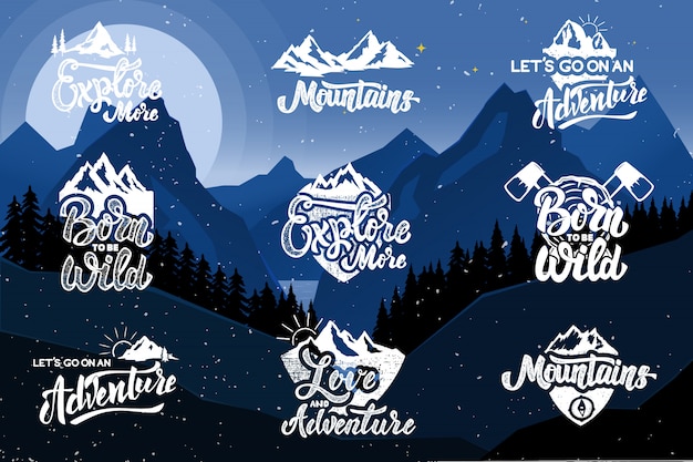 Set of hiking emblems on background with mountains.  elements for poster, emblem, sign, t shirt.  illustration