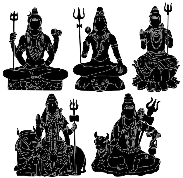 Set Hindu god Lord Shiva silhouette icon Maha Shivratri symbol design vector illustration