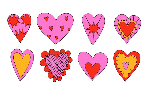 Vector set of hippie psychedelic heart shapes