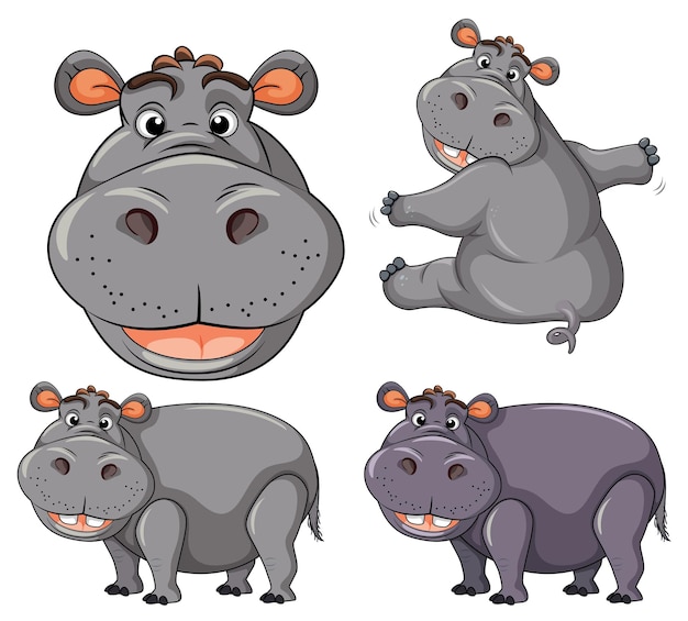 Set of hippo cartoon character