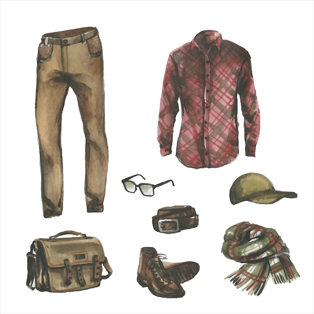 Vector set hipster designer kleding, schoenen en tas voor man. casual outfit aquarel illustratie. hand getekend schilderij van mannelijke streetstyle-look. garderobe collectie