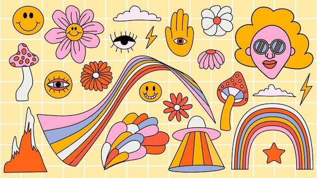 Set di elementi psichedelici cool retrò hipster una raccolta di clipart groovy del tratto modificabile degli anni '70 disegno astratto di adesivi cartoni animati illustrazione vettoriale di tendenza