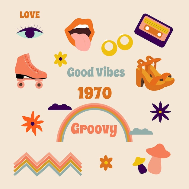Set hipster retro coole psychedelische elementenEen verzameling afbeeldingen van groovy cliparts uit de jaren 70