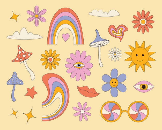 Una serie di elementi psichedelici arcobaleno retrò hipster una raccolta di clipart groovycool degli anni '70