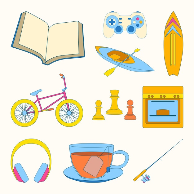 Set di hobby e attività di tempo libero semplice illustrazione a linea piatta